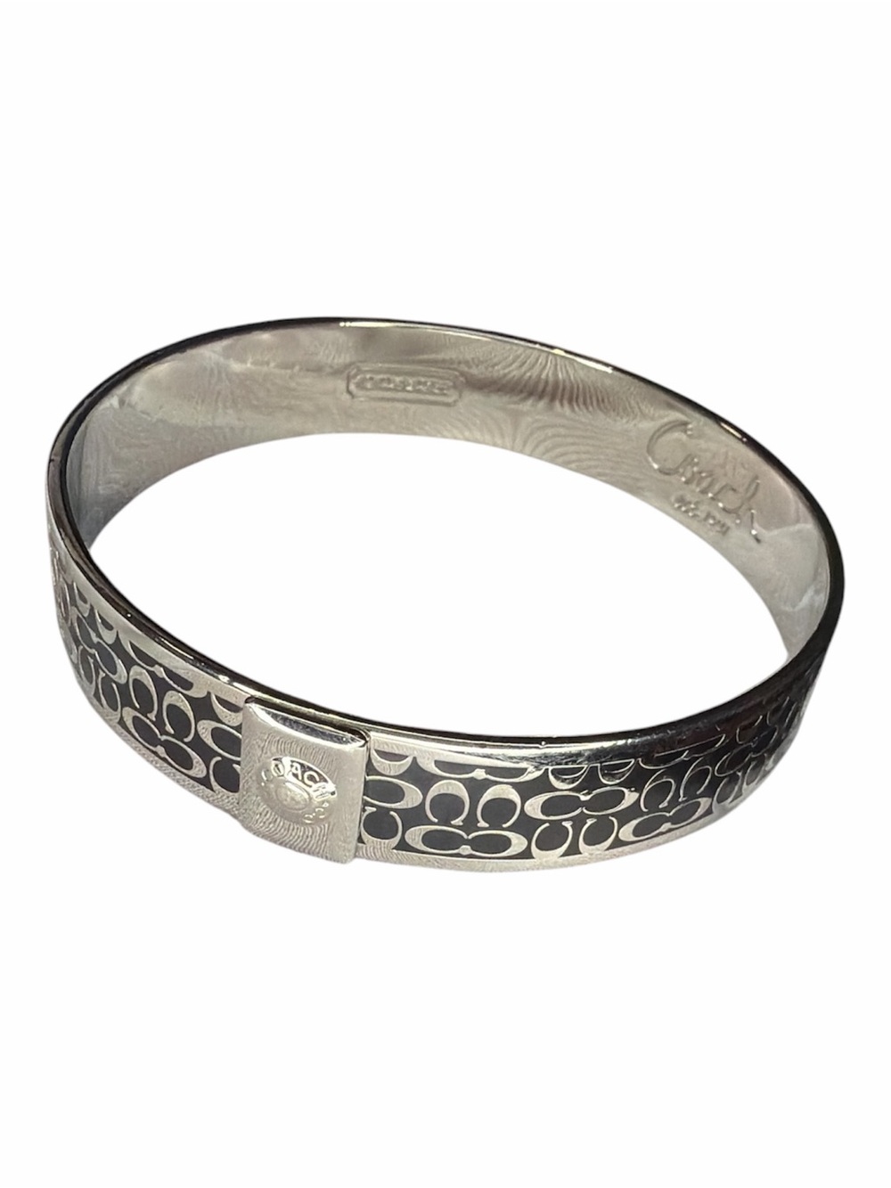 Coach Signature C Black Enamel Bangle Bracelet Silver Tone Slip-On Size Medium